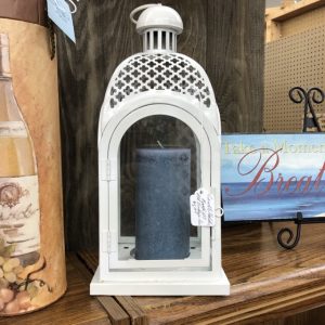 Candle Holder, Metal, White, with Blue Candle